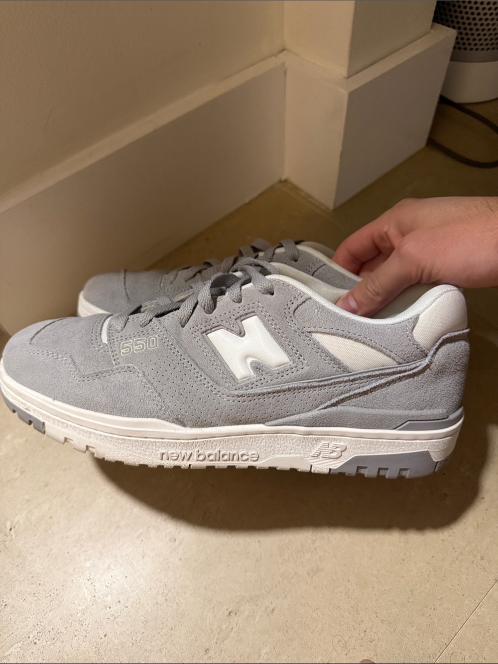 New Balance 550 Gray and White Suede Sneakers